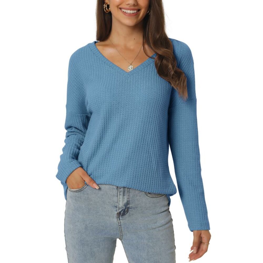 Waffle Knit Tops V Neck Shirts Slouchy Loose Blouse Lightweight Pullover Blue